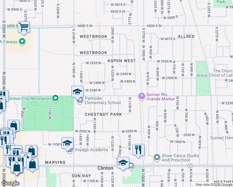 map of restaurants, bars, coffee shops, grocery stores, and more near 2314 North 1220 West in Clinton