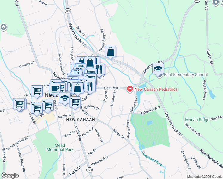 map of restaurants, bars, coffee shops, grocery stores, and more near 120 Summer Street in New Canaan