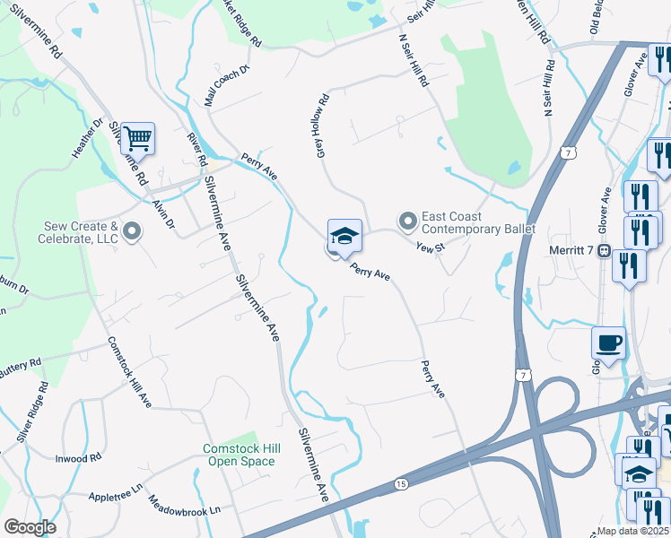 map of restaurants, bars, coffee shops, grocery stores, and more near 157 Perry Avenue in Norwalk