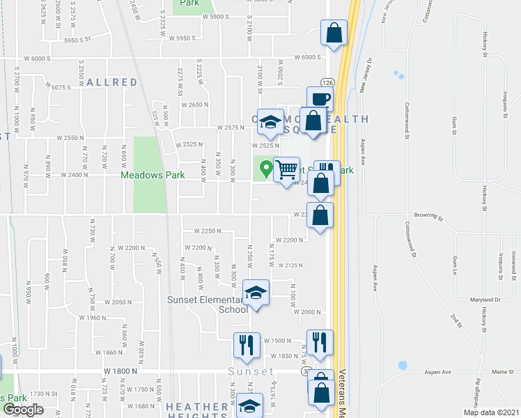 map of restaurants, bars, coffee shops, grocery stores, and more near 2350 North 250 West in Sunset