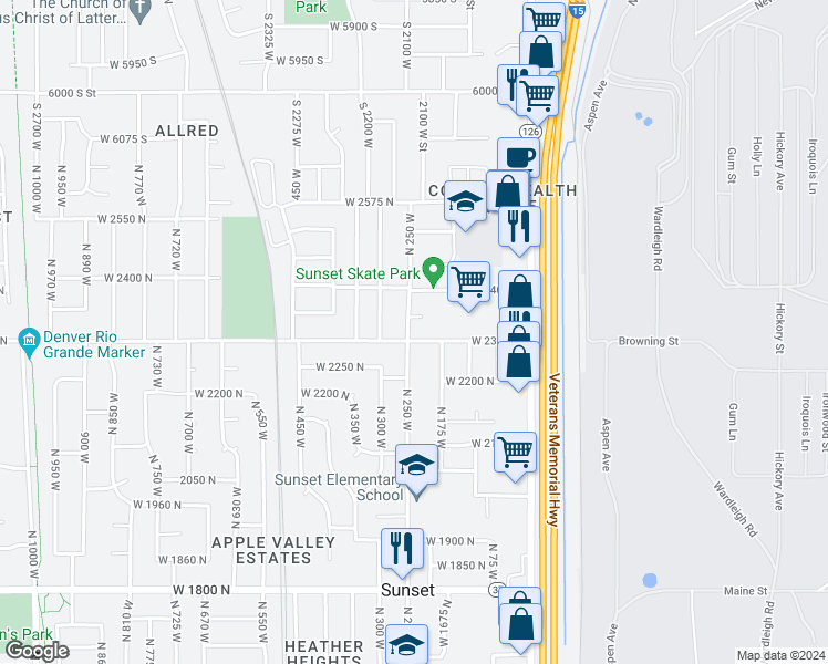 map of restaurants, bars, coffee shops, grocery stores, and more near 2350 North 250 West in Sunset