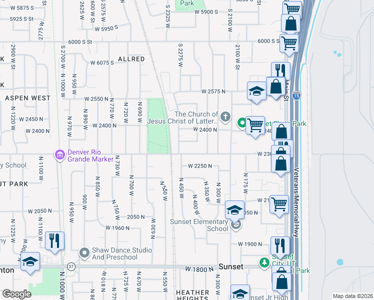 map of restaurants, bars, coffee shops, grocery stores, and more near 2372 North 475 West in Sunset