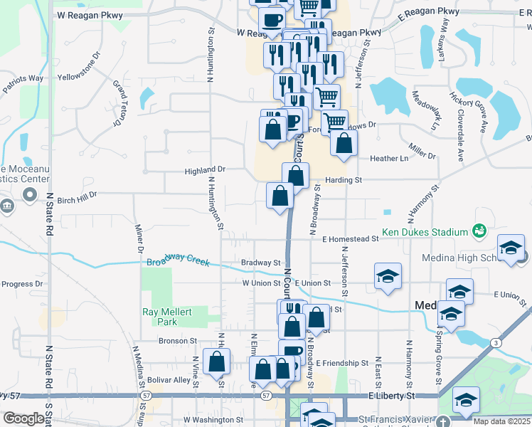 map of restaurants, bars, coffee shops, grocery stores, and more near 190 Highland Drive in Medina