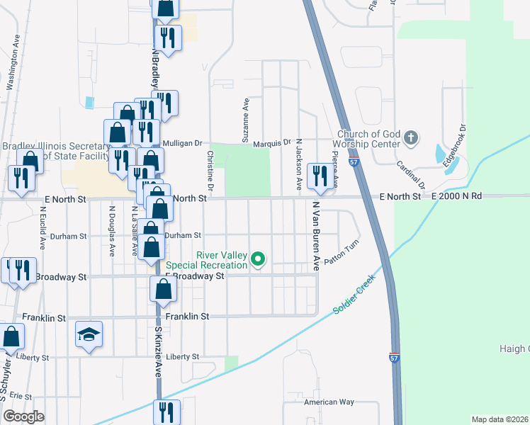 map of restaurants, bars, coffee shops, grocery stores, and more near 1360 East North Street in Bradley