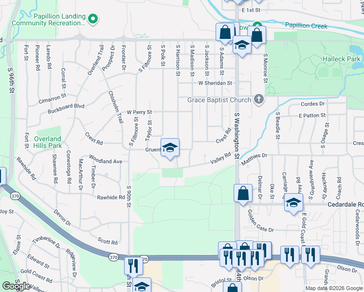 map of restaurants, bars, coffee shops, grocery stores, and more near 913 South Harrison Street in Papillion