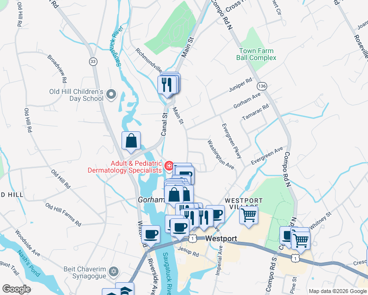 map of restaurants, bars, coffee shops, grocery stores, and more near 265 Main Street in Westport