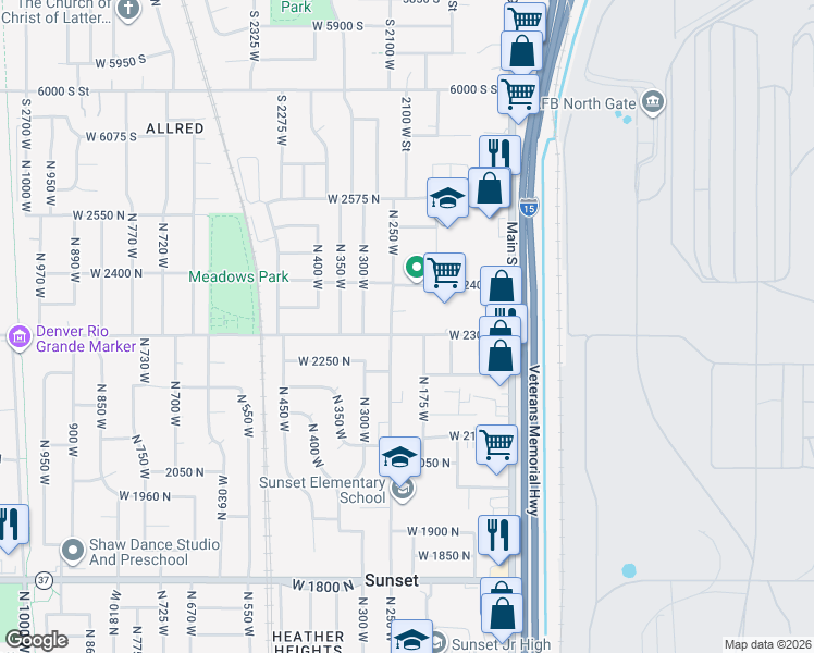 map of restaurants, bars, coffee shops, grocery stores, and more near 2350 North 250 West in Sunset