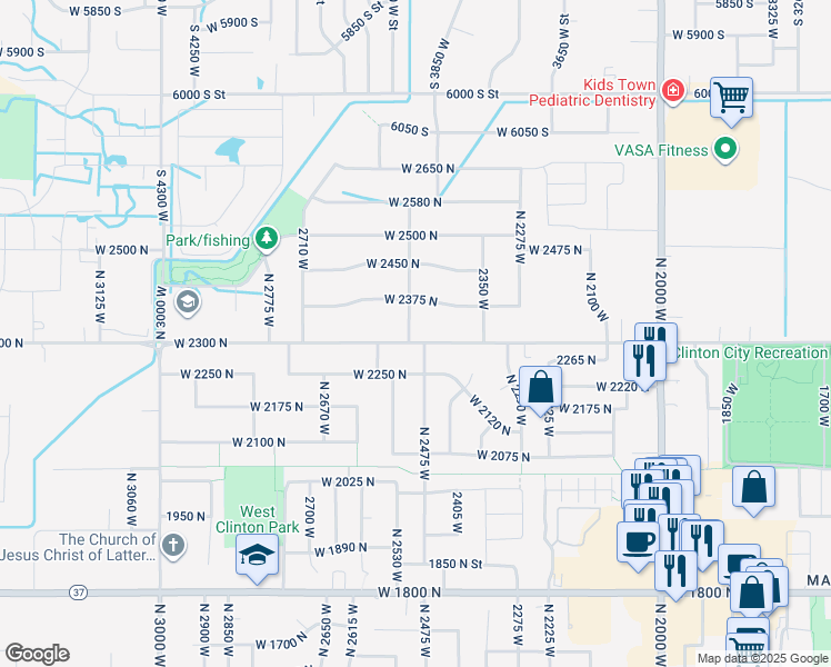 map of restaurants, bars, coffee shops, grocery stores, and more near 2322 North 2500 West in Clinton