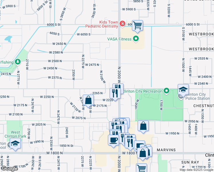 map of restaurants, bars, coffee shops, grocery stores, and more near 2318 North 2100 West in Clinton