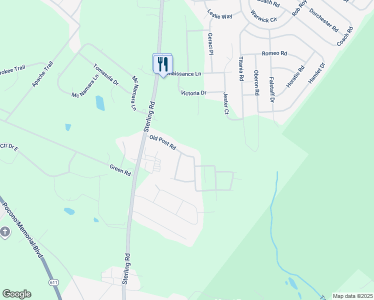 map of restaurants, bars, coffee shops, grocery stores, and more near 18 Old Post Road in Tobyhanna