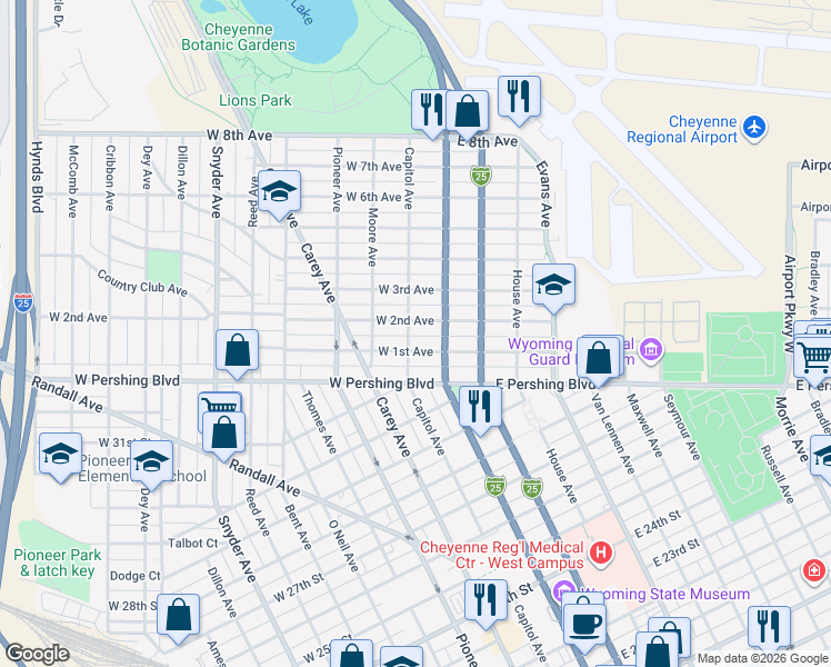 map of restaurants, bars, coffee shops, grocery stores, and more near 104 West 2nd Avenue in Cheyenne