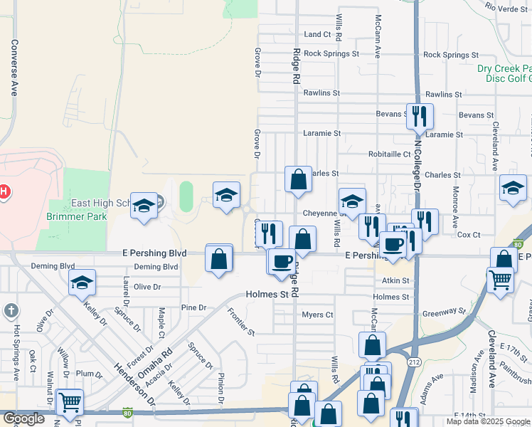 map of restaurants, bars, coffee shops, grocery stores, and more near 3400 Grove Drive in Cheyenne