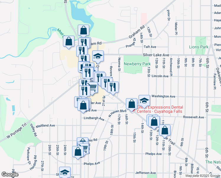 map of restaurants, bars, coffee shops, grocery stores, and more near 1807 Portage Trail in Cuyahoga Falls