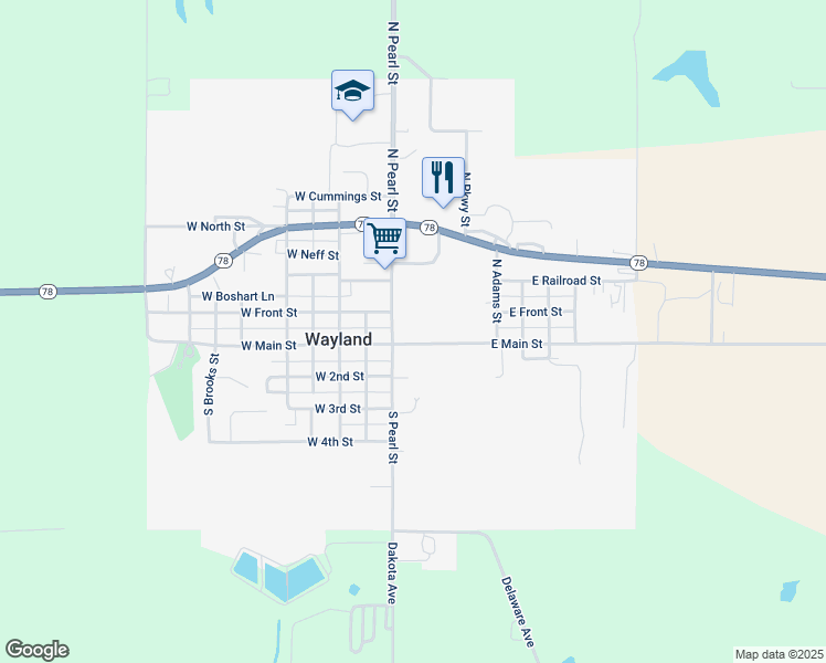 map of restaurants, bars, coffee shops, grocery stores, and more near 101 West Front Street in Wayland