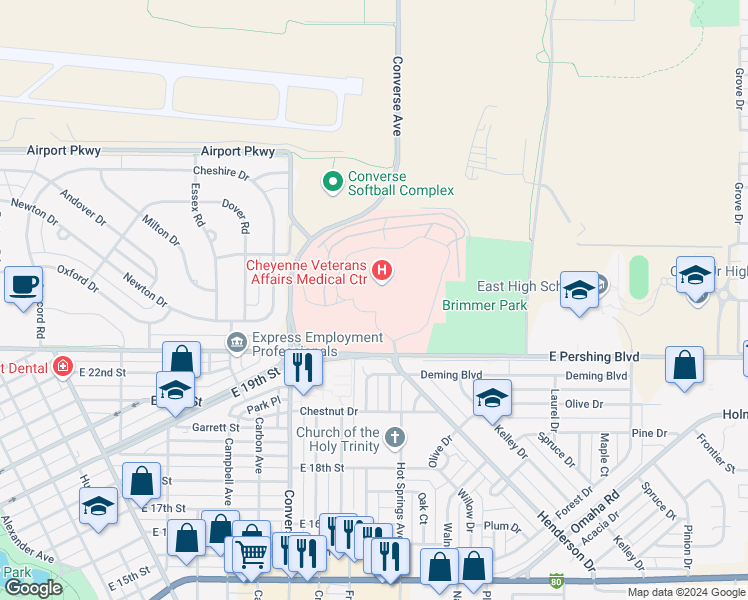 map of restaurants, bars, coffee shops, grocery stores, and more near 2360 East Pershing Boulevard in Cheyenne