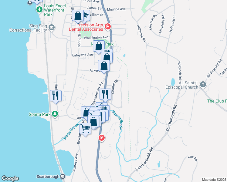 map of restaurants, bars, coffee shops, grocery stores, and more near 6 Geneva Road in Ossining