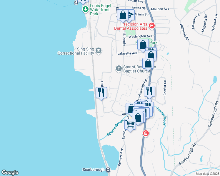 map of restaurants, bars, coffee shops, grocery stores, and more near 64 Hudson Point Lane in Ossining