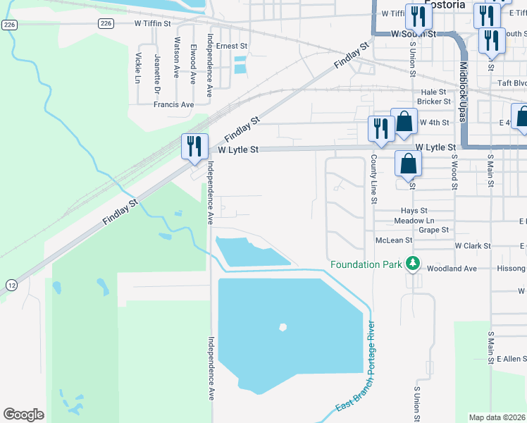 map of restaurants, bars, coffee shops, grocery stores, and more near 816 Herbert Court in Fostoria