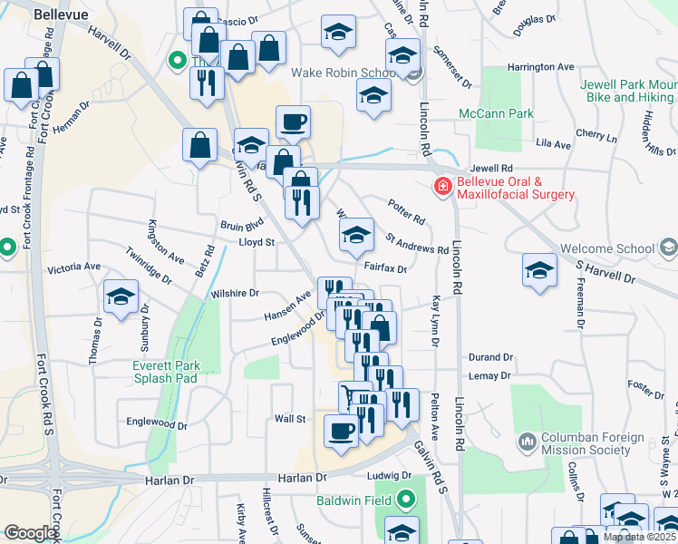 map of restaurants, bars, coffee shops, grocery stores, and more near 1219 Fairfax Road in Bellevue