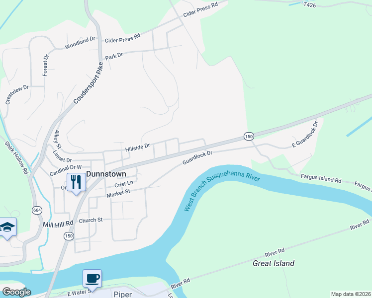 map of restaurants, bars, coffee shops, grocery stores, and more near 250 Hillside Drive in Lock Haven