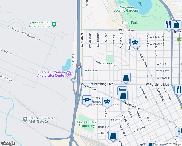 map of restaurants, bars, coffee shops, grocery stores, and more near 3417 McComb Avenue in Cheyenne