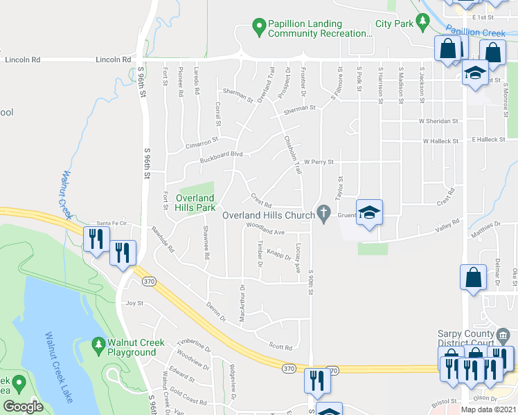 map of restaurants, bars, coffee shops, grocery stores, and more near 919 Crest Road in Papillion