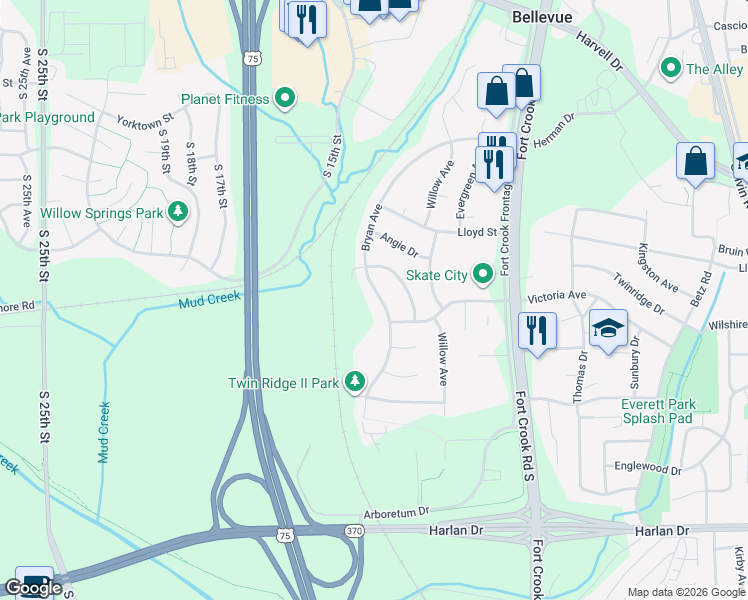 map of restaurants, bars, coffee shops, grocery stores, and more near 1212 Bryan Avenue in Bellevue