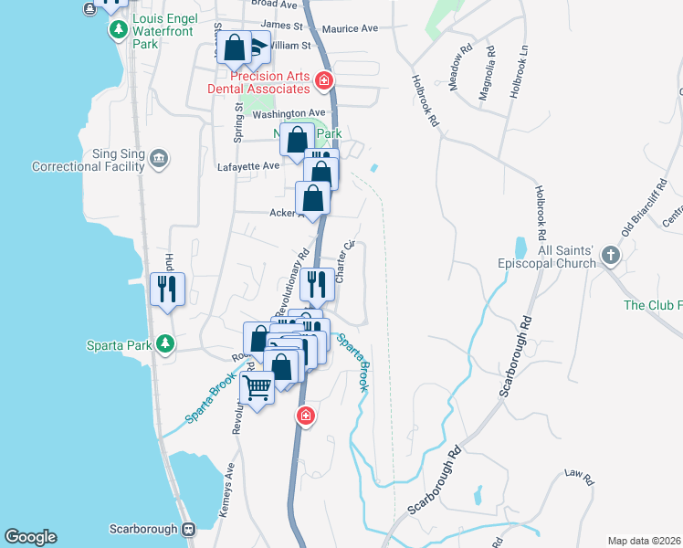 map of restaurants, bars, coffee shops, grocery stores, and more near 6 Geneva Road in Ossining