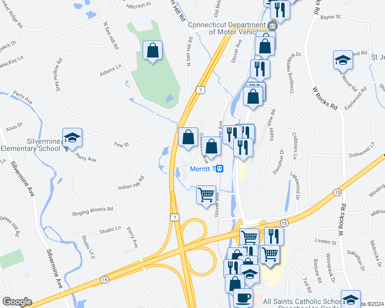 map of restaurants, bars, coffee shops, grocery stores, and more near 41 Seir Hill Road in Norwalk