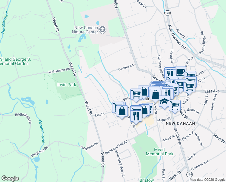 map of restaurants, bars, coffee shops, grocery stores, and more near 17 Prospect Place in New Canaan