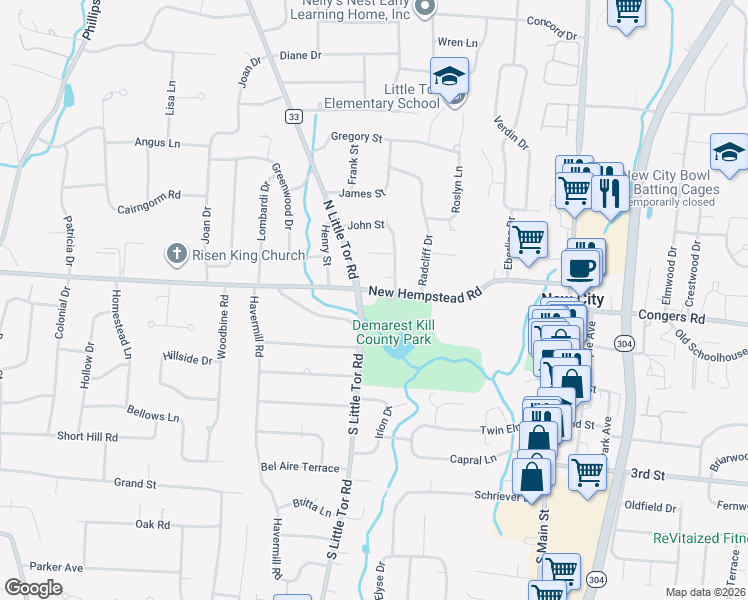 map of restaurants, bars, coffee shops, grocery stores, and more near 99 New Hempstead Road in New City