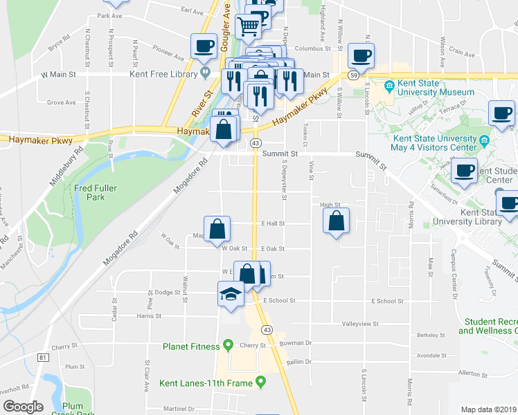 map of restaurants, bars, coffee shops, grocery stores, and more near 623 South Water Street in Kent