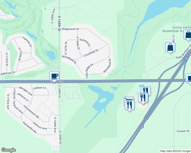map of restaurants, bars, coffee shops, grocery stores, and more near 16410 Woodland Drive in Omaha