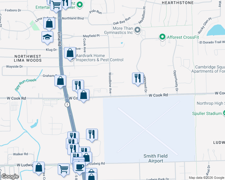 map of restaurants, bars, coffee shops, grocery stores, and more near 7426 Woodbine Avenue in Fort Wayne