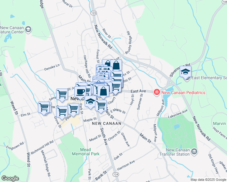 map of restaurants, bars, coffee shops, grocery stores, and more near 39 East Avenue in New Canaan