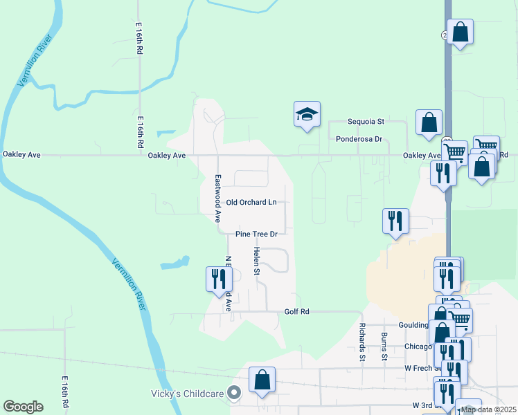 map of restaurants, bars, coffee shops, grocery stores, and more near 10 Old Orchard Lane in Streator