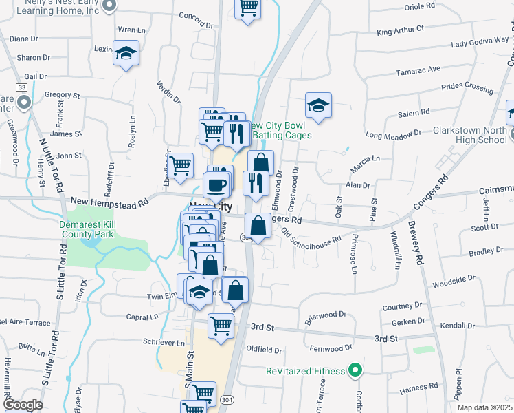 map of restaurants, bars, coffee shops, grocery stores, and more near 36 Congers Road in New City