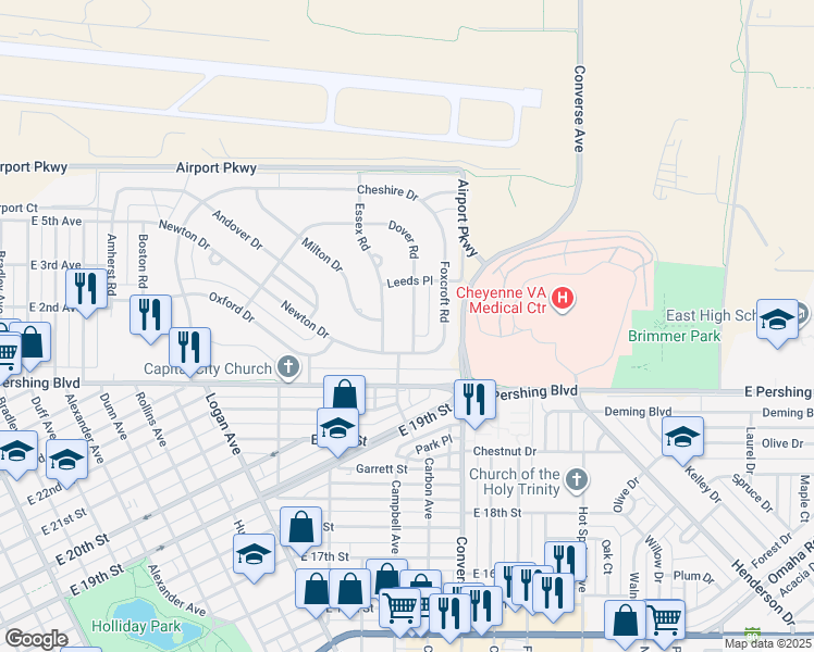 map of restaurants, bars, coffee shops, grocery stores, and more near 3424 Dover Road in Cheyenne