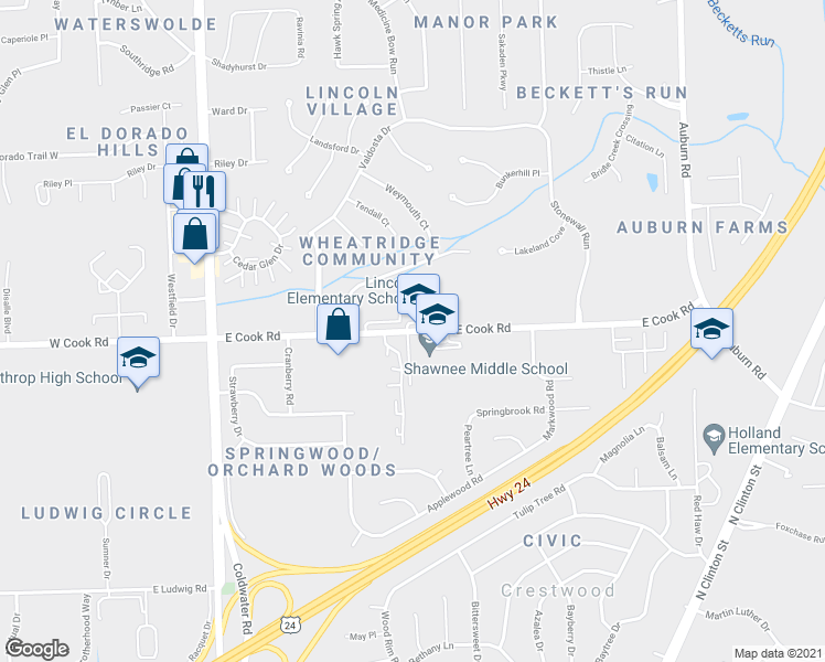 map of restaurants, bars, coffee shops, grocery stores, and more near 1000 East Cook Road in Fort Wayne