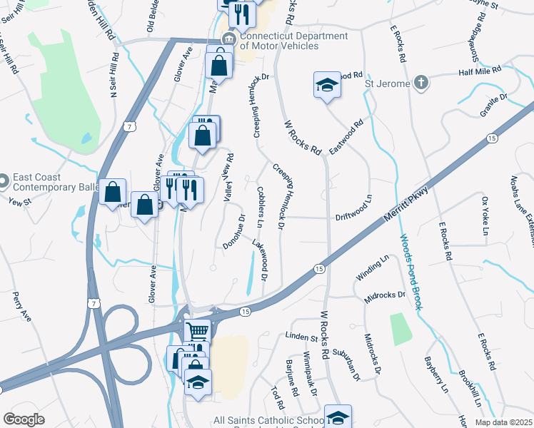map of restaurants, bars, coffee shops, grocery stores, and more near 41 Creeping Hemlock Drive in Norwalk