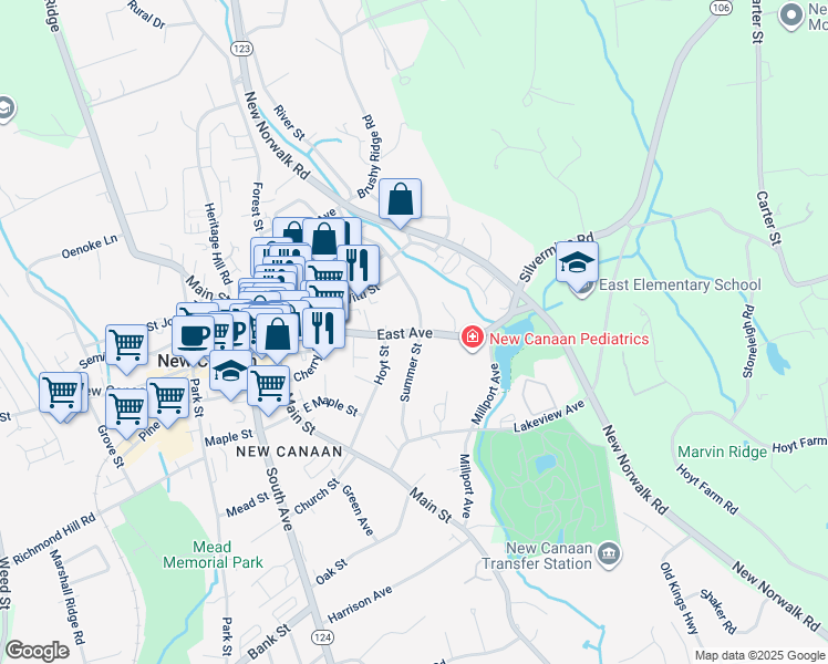 map of restaurants, bars, coffee shops, grocery stores, and more near 120 Summer Street in New Canaan