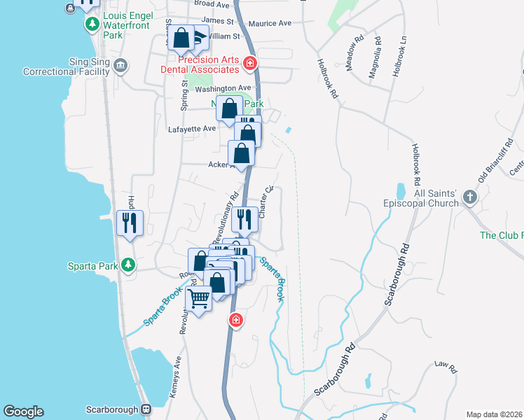 map of restaurants, bars, coffee shops, grocery stores, and more near 6 Geneva Road in Ossining