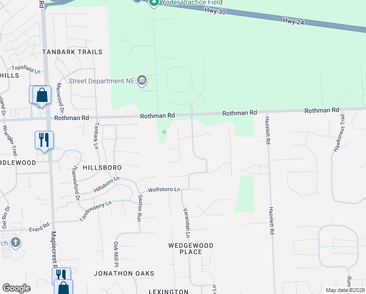 map of restaurants, bars, coffee shops, grocery stores, and more near 7226 Foxfield Drive in Fort Wayne