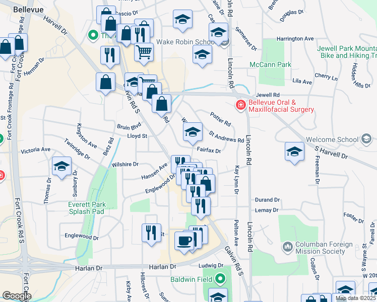 map of restaurants, bars, coffee shops, grocery stores, and more near 1219 Fairfax Road in Bellevue
