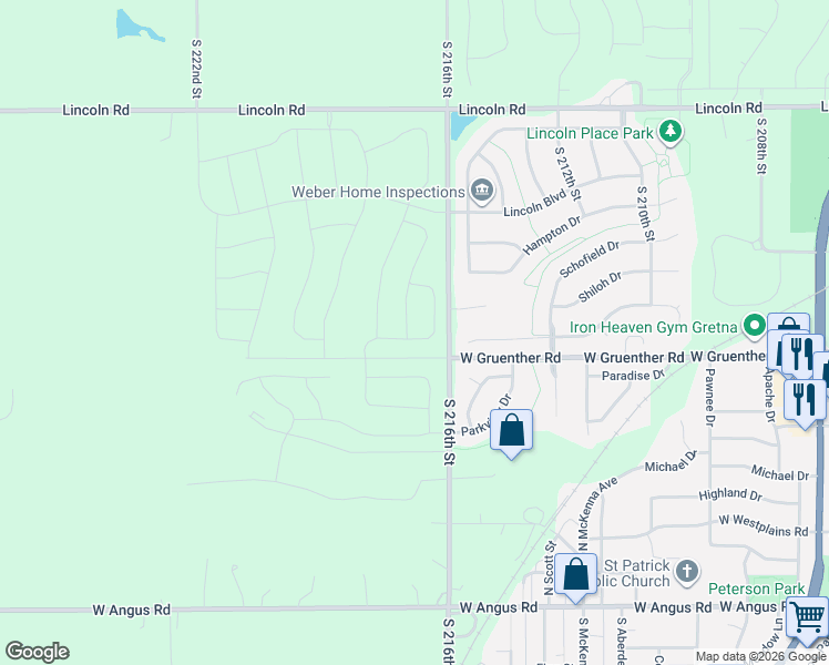 map of restaurants, bars, coffee shops, grocery stores, and more near 11108 South 216th Street in Gretna
