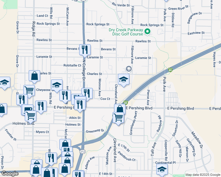 map of restaurants, bars, coffee shops, grocery stores, and more near 4306 Cheyenne Street in Cheyenne