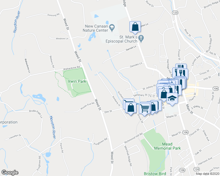 map of restaurants, bars, coffee shops, grocery stores, and more near 73 Kimberly Place in New Canaan