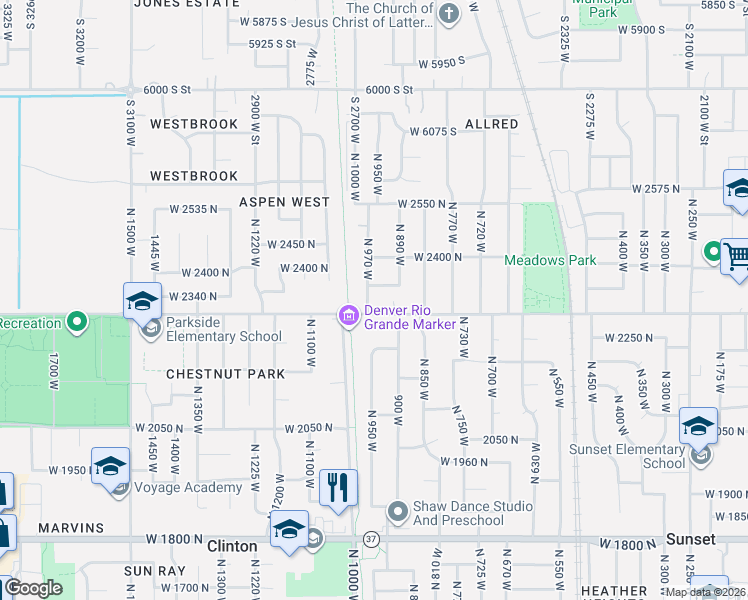 map of restaurants, bars, coffee shops, grocery stores, and more near 2318 North 970 West in Clinton