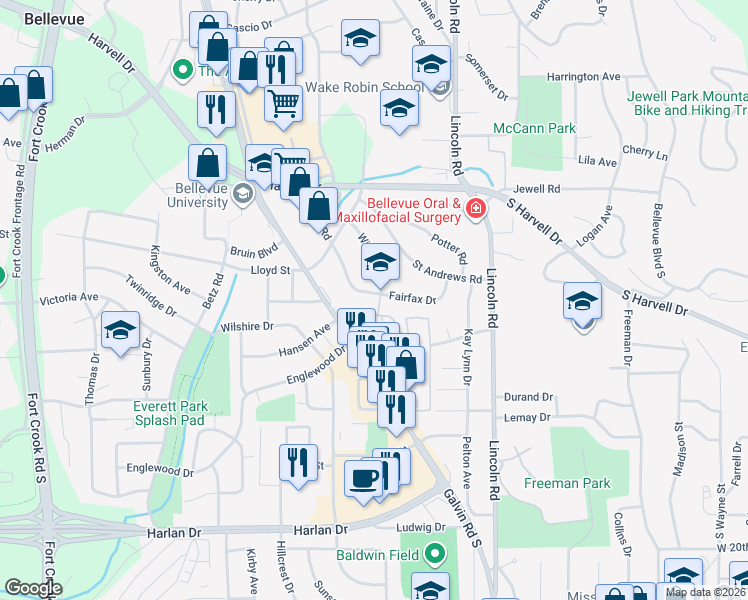 map of restaurants, bars, coffee shops, grocery stores, and more near 1219 Fairfax Road in Bellevue