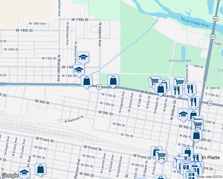 map of restaurants, bars, coffee shops, grocery stores, and more near 1201 Lincoln Highway in North Platte